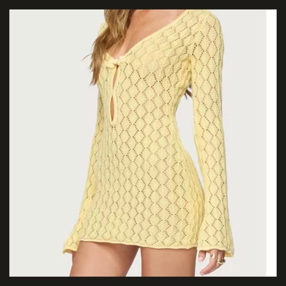 Edikted Brie Yellow Crochet Cut-Out Mini Dress XS NWT Festival Beach Cover Up - Picture 2 of 12